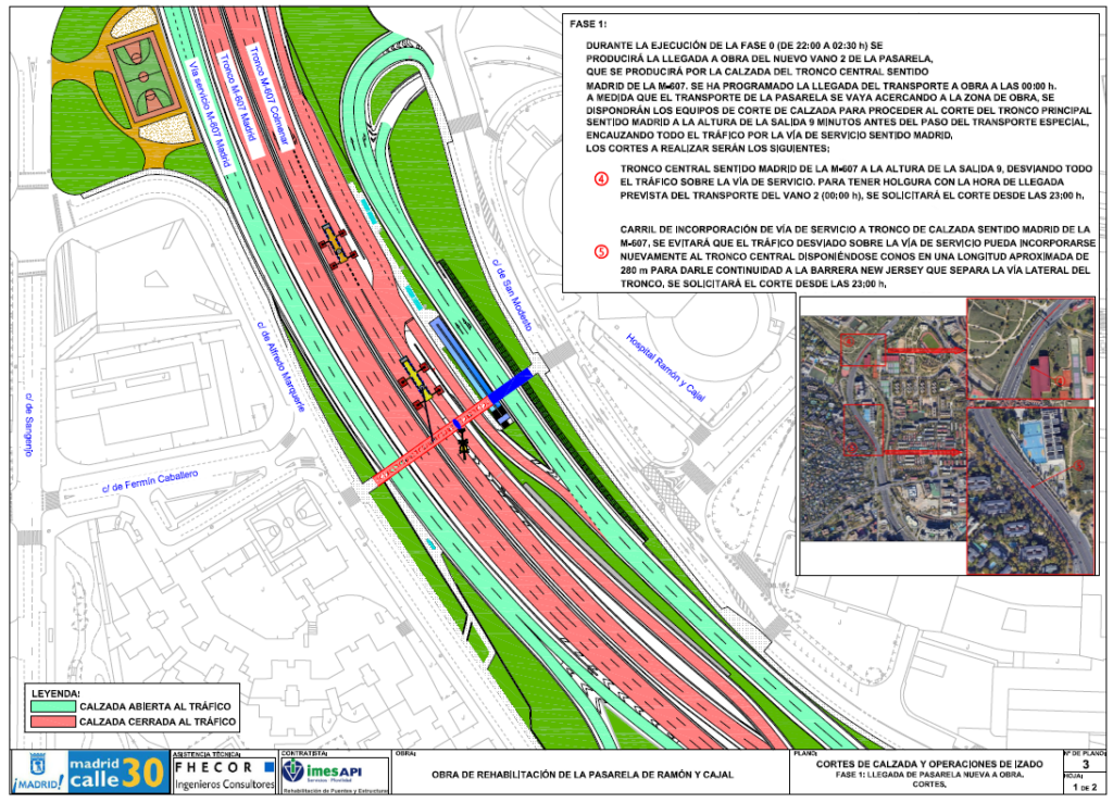 Fase 1 de los trabajos para cambio de un vano de la pasarela peatonal de acceso al Hospital Ramón y Cajal. (Ayuntamiento de Madrid)
